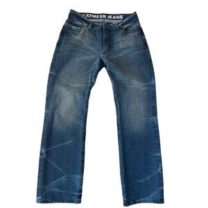 Express Kingston Y2K Bootcut Jeans Men 34x32 Blue Distressed Low Rise Whiskered